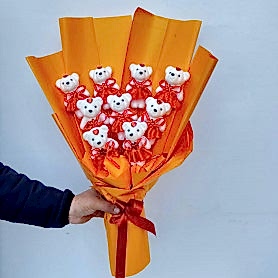 Kırmızı Etekli Ayıcık Buketi - 9'lu Özel Tasarım